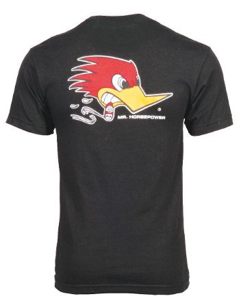 This 100% cotton shirt is pre-shrunk, and features the famous cigar-chomping Woodpecker "Mr. Horsepower" logo silk-screened on the front left chest and a larger image located on the back. Available in Black or Red; sizes Small-2XL.