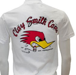 100% pre-shrunk cotton t-shirt features the "Clay Smith Cams" logo on the back as well as the front left chest. Available in grey or white; sizes Small-2XL.