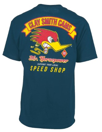 This Navy Blue shirt is 100% pre-shrunk cotton and features the Clay Smith logo and "Support your local speed shop" on the rear with a small logo on the left chest. Sizes Small-2XL.